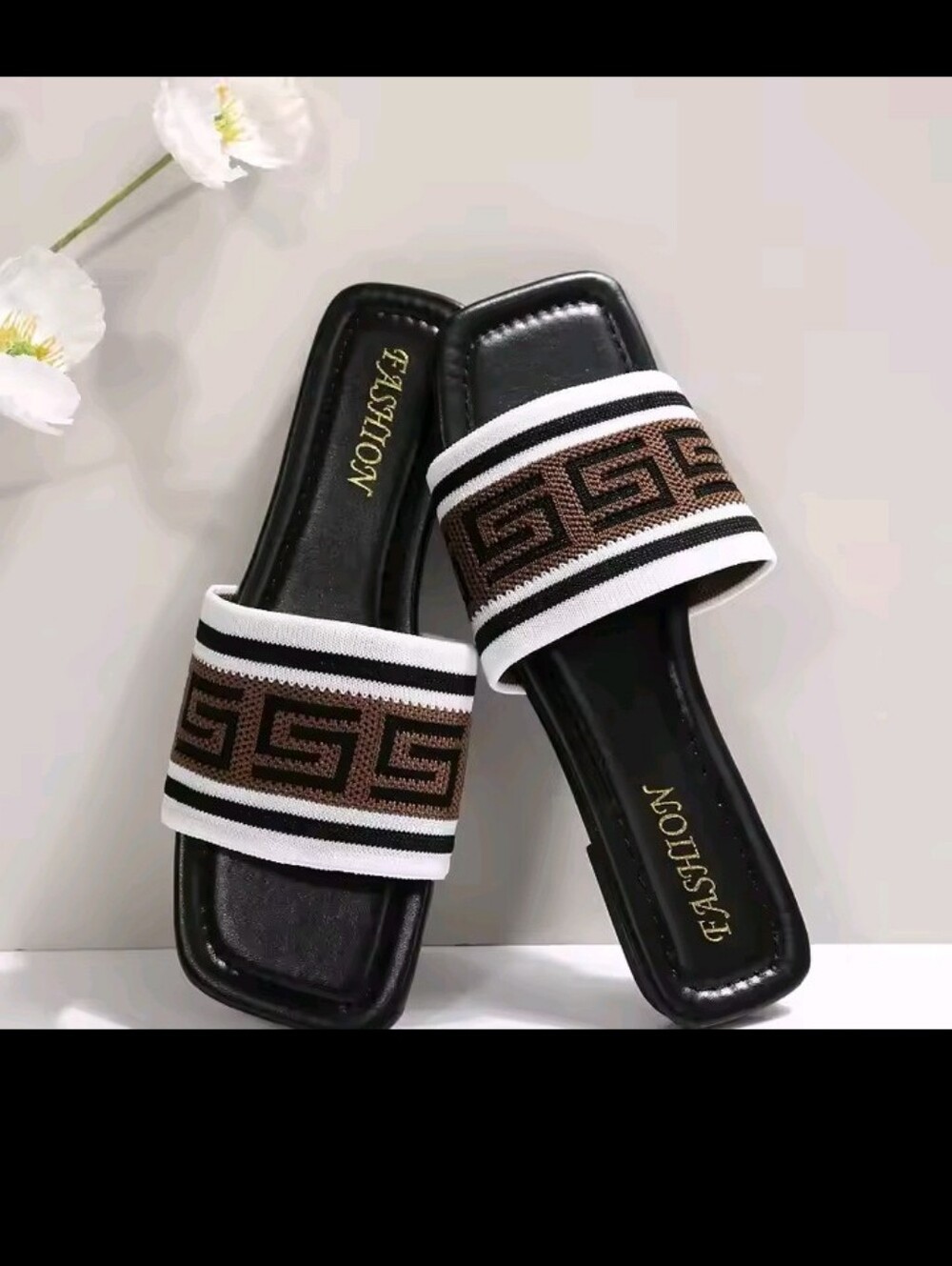 Brown Patterned Strap Black Slide Sandals - Fashion